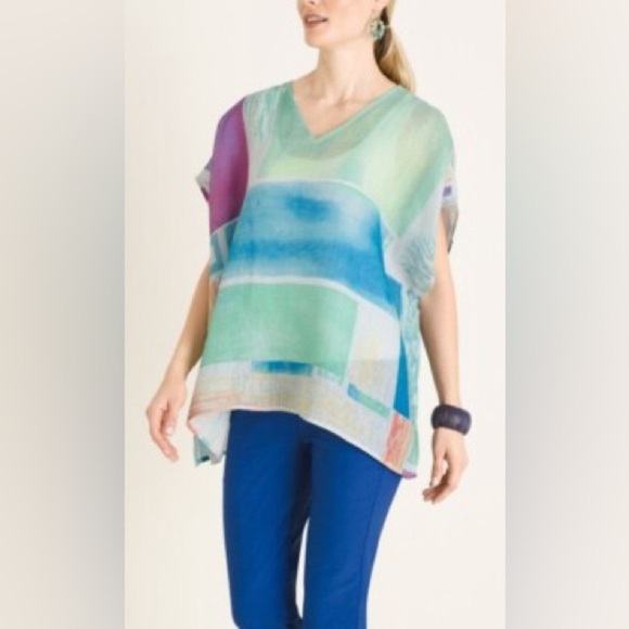 Chico's Blue and Green Abstract Tunic Poncho 100% Linen Women’s L/XL NWT Casual - Picture 1 of 6